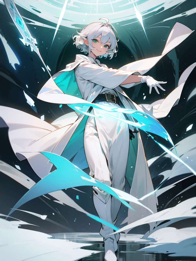 Elf, silver hair,short hair, medium cut, ahoge, curly hair,green eyes,slender, fair skin, cool Smile, robe, cloak, White gloves, long boots, pants, ice loads magic effect,