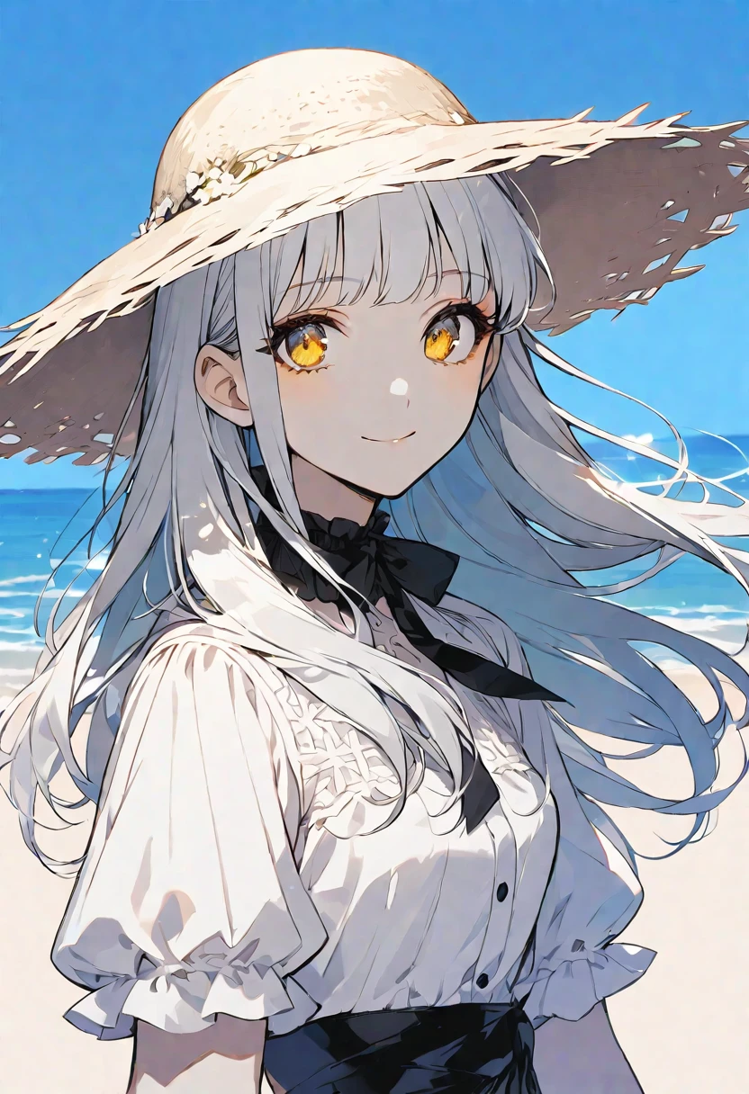 solo,handsome, monotone,
1. Female,
,Straight Hair,long Hair,, silver hair,
Kazuka Nakano ,
yellow eyes,Soft look,
beautiful,Lolita,Darkness, Russian,
smile,skin, Blue sky,
White casual dress, straw hat,
simple background ,
beach background,