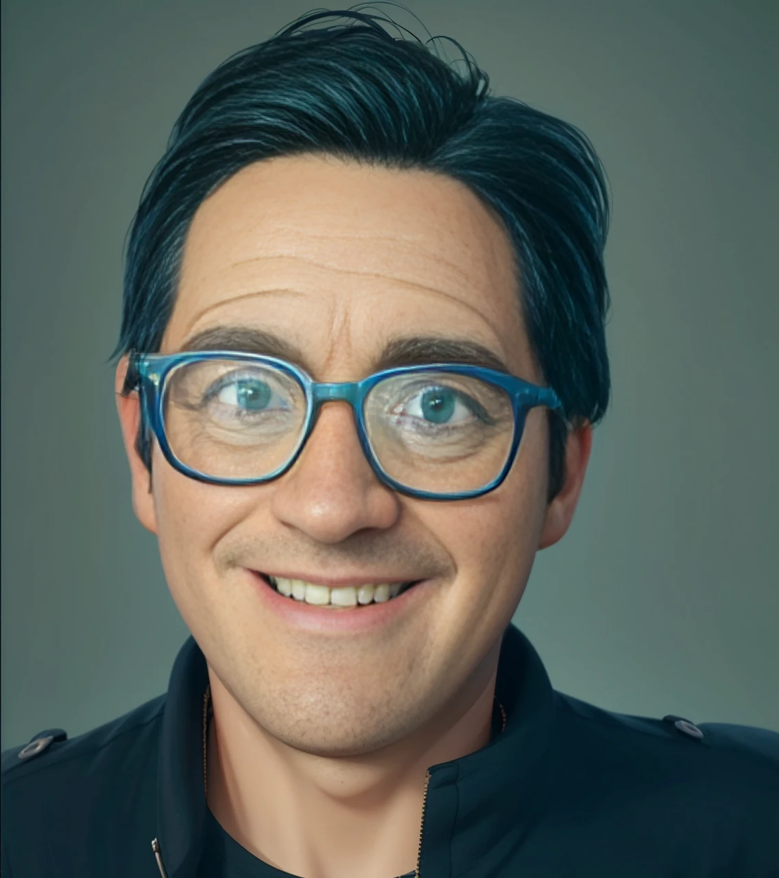 Pixar 3D style animation character, a man, short side-parted hair, glasses, wearing a dark green t-shirt, light blue background. blueprints, 3D realistic rendering, high resolution textures, dramatic lighting, expressive caricatures, smiling facial expressions, dramatic intense perspectives