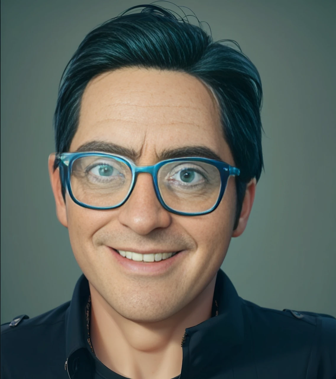 Pixar 3D style animation character, a man, short side-parted hair, glasses, wearing a dark green t-shirt, light blue background. blueprints, 3D realistic rendering, high resolution textures, dramatic lighting, expressive caricatures, smiling facial expressions, dramatic intense perspectives
