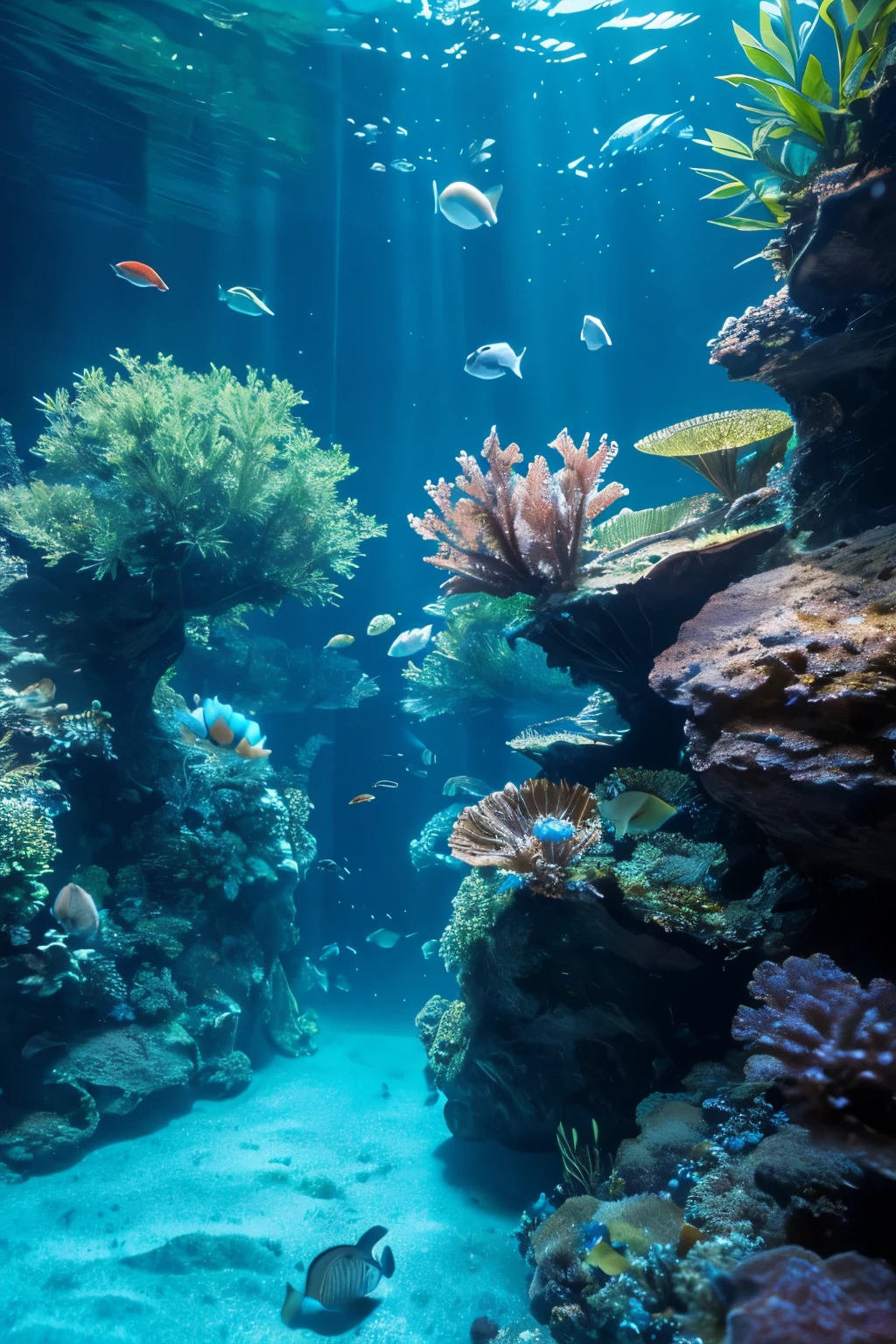 high resolution. Detailed, sharp and extremely detailed photos.
In the  large aquarium tank. Photographed from the aquarium floor looking up at the surface. The shines on the water, creating a beautiful, clear look.