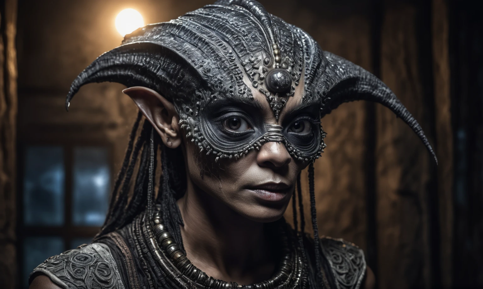 full body length shot ,nerd graphite  Alien Entity,native africa slave ,azctec psychiatric clinic,Cinematic,soft colors, Technicolor,natural skin textures, hyper realism, hyper detailed,Extremely detailed,High contrast,Masterpiece,Realistic,Ultra Detailed, intricate details,realistic humid leather,extremely intricate details,Epic Realistic, cinematic style, irina yermolova,high contrast,hdr,extremely detailed, [deep night landscape],masterpiece, intricate details, eyes extremely detailed, high detailed eyes,8k resolution,retina, Nikon Z9,orc,Egyptian folk, Pisces, transition between two art styles,full body length, Double contact, X-ray, Creative, vivid light, fantasy, Abstract, Surrealism, super detailed, high resolution,insanity national folk wear,skin  almost translucent, gothic elements, further emphasizing its dark air,Mestichino,Light particles,chaos,starfish's leather,Cambodia,"(The best lighting, dark, dramatic),(alien Mulan's half-skull fetus, Hellraiser, Scars, stupid, a shapeshifter, reptillian, scaleborn, terror.),(ominous and strange eyes, calaveras). morning light, indoor psychiatric clinic

