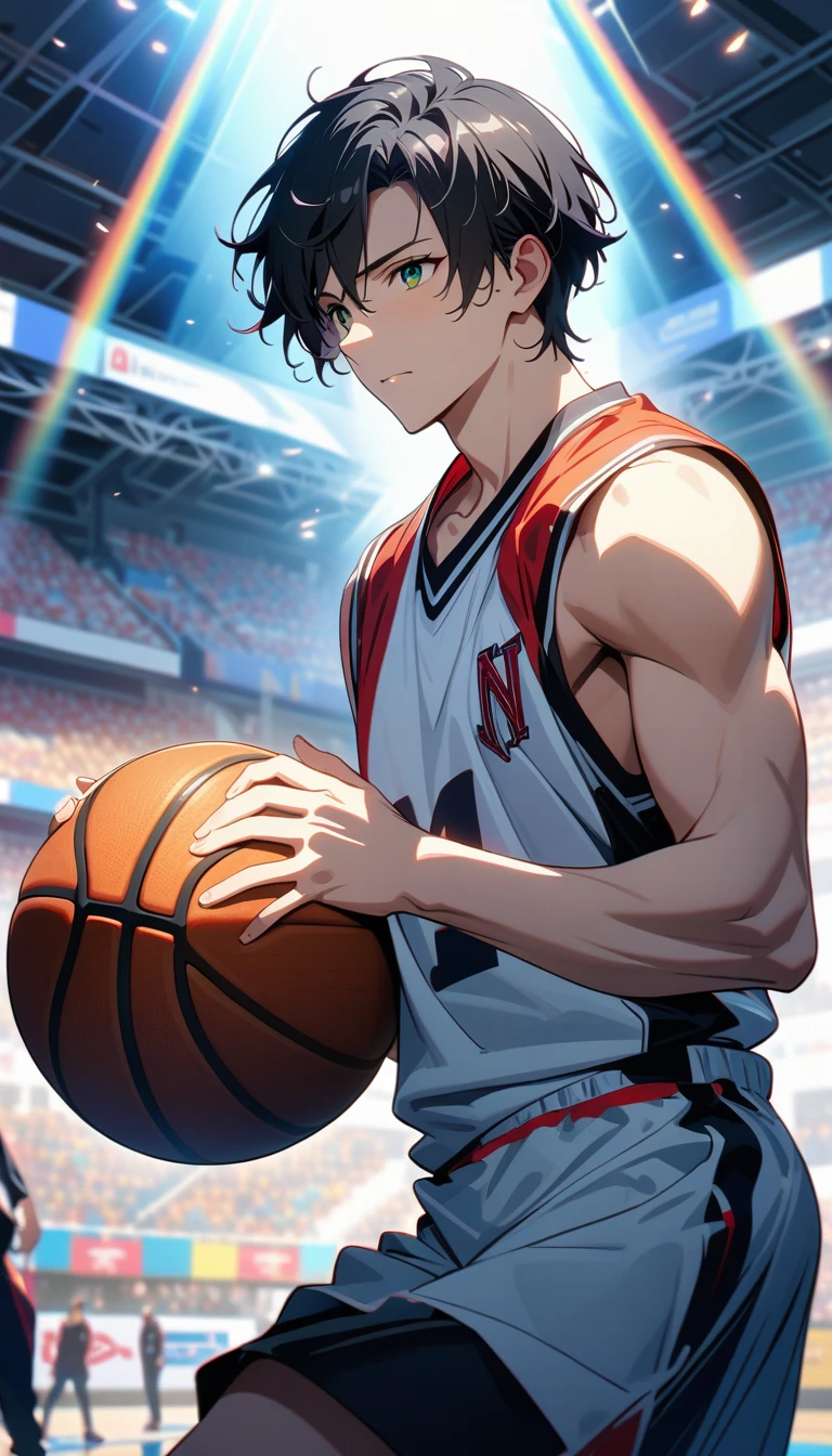 masterpiece, best quality, Very detailed, HD, Expensive solution, Human Development Report, Very detailed CG, Beautiful details, depth, Delicate texture, very good, Completely focused, Handsome man, 男basketball运动员,basketball框, short hair, Black Hair, Emerald eyes,Game-Winning Dun, basketball服, basketball, Cold face and eyes, Ethereal atmosphere, Intricate details, Volumetric Lighting, Rainbow Colors, Atmospheric lighting, lens flare, light, 彩色light, particle, Black and white color scheme, Epic, Dramatic action, Dynamic Synthesis, Vibrant colors, Depth of Field, Detailed texture,Basketball court in the stadium, Surrounded by cheering audience,