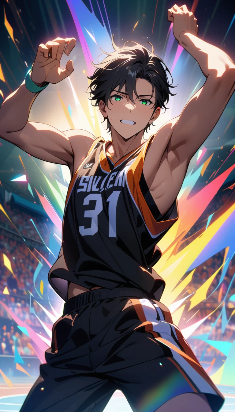 masterpiece, best quality, Very detailed, HD, Expensive solution, Human Development Report, Very detailed CG, Beautiful details, depth, Delicate texture, very good, Completely focused, Handsome man, 男basketball运动员,basketball框， short hair, Black Hair, Emerald eyes,Game-Winning Dun， basketball服, basketball, Cold face and eyes, Ethereal atmosphere, Intricate details, Volumetric Lighting, Rainbow Colors, Atmospheric lighting, lens flare, light, 彩色light, particle, Black and white color scheme, Epic, Dramatic action, Dynamic Synthesis, Vibrant colors, Depth of Field, Detailed texture,Basketball court in the stadium, Surrounded by cheering audience,