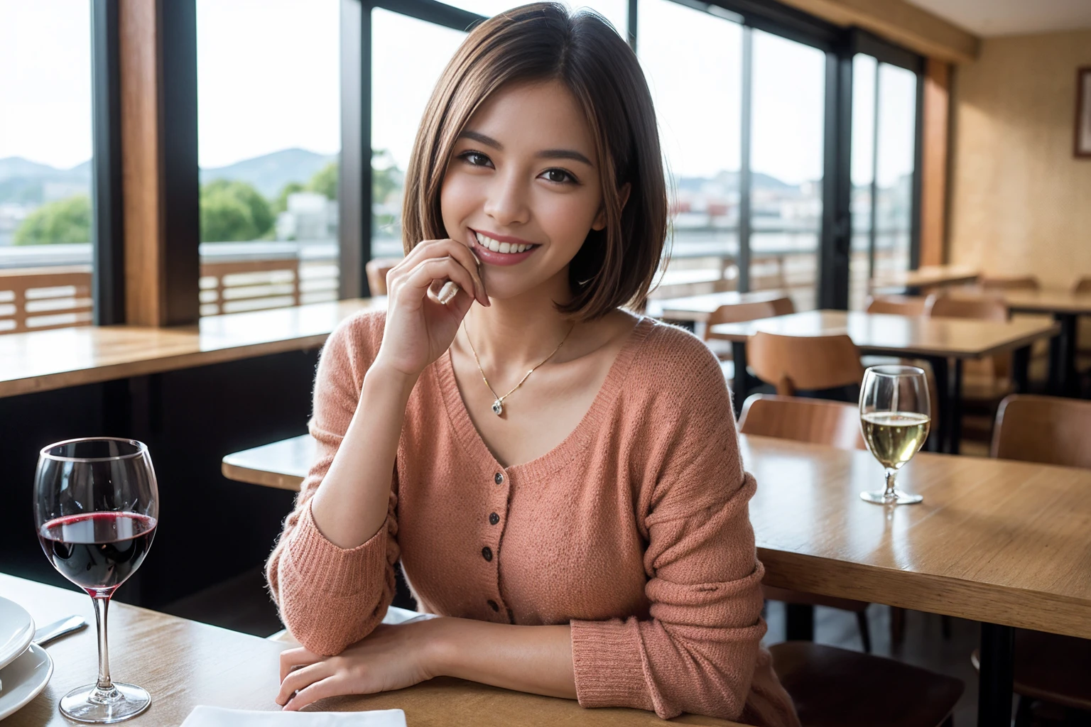 ((Highest quality、8K、masterpiece:1.3))、Shortcuts、cute、slimカップル、modelカップル、actress男優、(Realistic, Intricate details:1.2), full-course dinner、Wine Party、Amazing view of the sunset sky and clouds、A bright smile、short hair,Bright Face、 (Age 45), 42 years old, red wine 、Appetizers、Italian food、Wine bottle、Champagne、sparkling wine、Two beauties、Brown Hair、Shortcuts、Long sleeve shirt、dress、Beautiful woman 1, (slimな顔), (The body is slim), (Brown Hair), (Shortcuts), cheeks turn a little red,Attractive beauty、restaurant, In a prominent place (From the waist up) Nova Frog Style, actress, model, Upper Body, White wine, slim, wine glass, 中央に置かれたwine glass, smile, (smile: 1.15), Beautiful fine grain, Depth f/2,saturation, High Contrast, Strong light and shadow,Moist Body:1.5、3D texture、Delicate eyes、Brown Hair、The hair is very shiny、