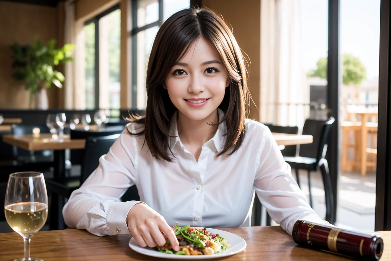 ((Highest quality、8K、masterpiece:1.3))、Shortcuts、cute、slimカップル、modelカップル、actress男優、(Realistic, Intricate details:1.2), full-course dinner、Wine Party、Amazing view of the sunset sky and clouds、A bright smile、short hair,Bright Face、 (Age 45), 42 years old, red wine 、Appetizers、Italian food、Wine bottle、Champagne、sparkling wine、Two beauties、Brown Hair、Shortcuts、Long sleeve shirt、dress、Beautiful woman 1, (slimな顔), (The body is slim), (Brown Hair), (Shortcuts), cheeks turn a little red,Attractive beauty、restaurant, In a prominent place (From the waist up) Nova Frog Style, actress, model, Upper Body, White wine, slim, wine glass, 中央に置かれたwine glass, smile, (smile: 1.15), Beautiful fine grain, Depth f/2,saturation, High Contrast, Strong light and shadow,Moist Body:1.5、3D texture、Delicate eyes、Brown Hair、The hair is very shiny、