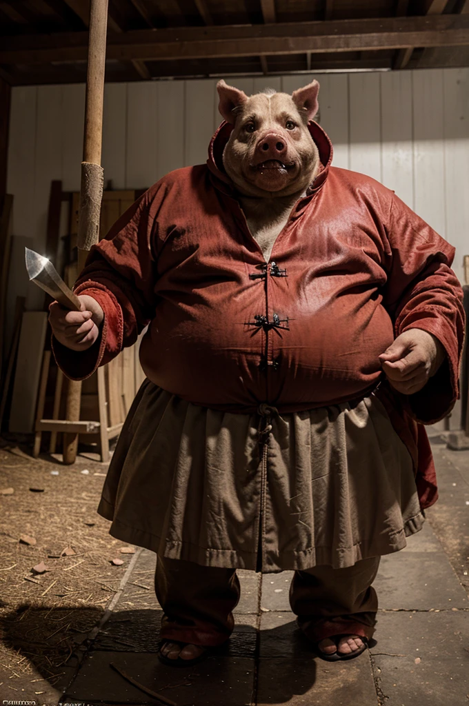 Pig demon，Pig and dog monsters，fatness，dressed in armor，Red robe，With a long axe in his hand