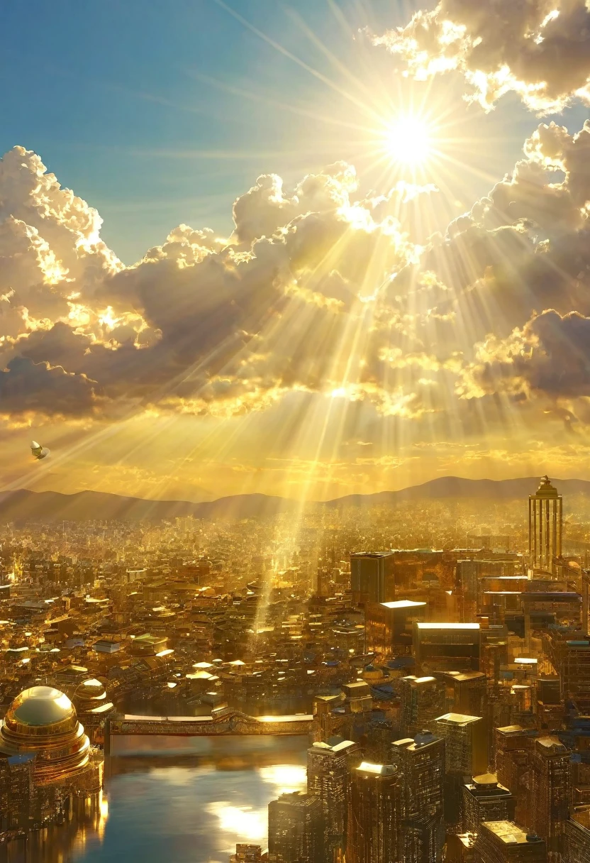 空に向かって上昇するgod秘的な都市、Digital Art, The clouds clear and the shining sun appears, Ascension Day,Golden Sun、Sky City、god々Utopian、There is one relic。空中に浮かぶgod々Our Town、Angel Ladder、The city where golden cats live