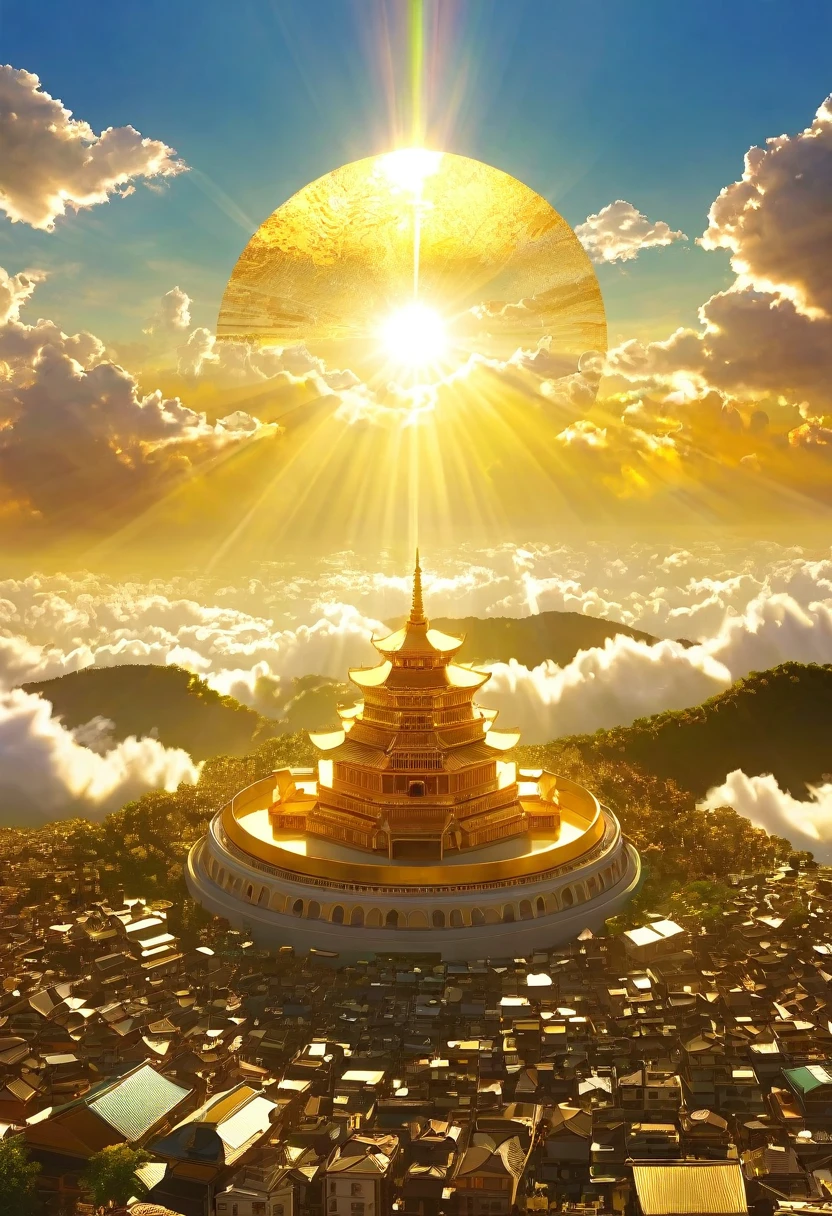 空に向かって上昇するgod秘的な都市、Digital Art, The clouds clear and the shining sun appears, Ascension Day,Golden Sun、Sky City、god々Utopian、There is one relic。空中に浮かぶgod々Our Town、Angel Ladder、The city where golden cats live