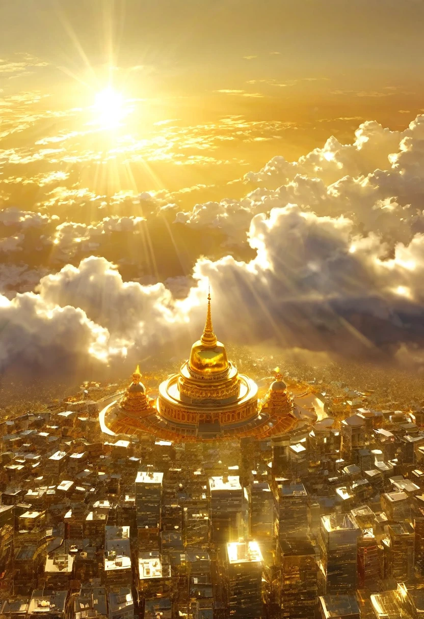 空に向かって上昇するgod秘的な都市、Digital Art, The clouds clear and the shining sun appears, Ascension Day，Golden Sun、Sky City、god々Utopian、There is one relic。空中に浮かぶgod々Our Town、Angel Ladder、The city where golden cats live