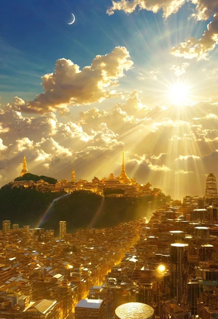 空に向かって上昇するgod秘的な都市、Digital Art, The clouds clear and the shining sun appears, Ascension Day,Golden Sun、Sky City、god々Utopian、There is one relic。空中に浮かぶgod々Our Town、Angel Ladder、The city where golden cats live