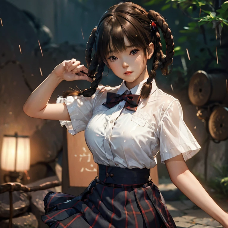 ((ultra detailed, masterpiece, absurdres)) DOALeiFang, 1girl, brown hair, brown eyes, twin braids, hair rings, portrait , steam , rain , plaid skirt , pleated skirt , Tight shirt , white Shirt , school girl , red bow , red knot ,