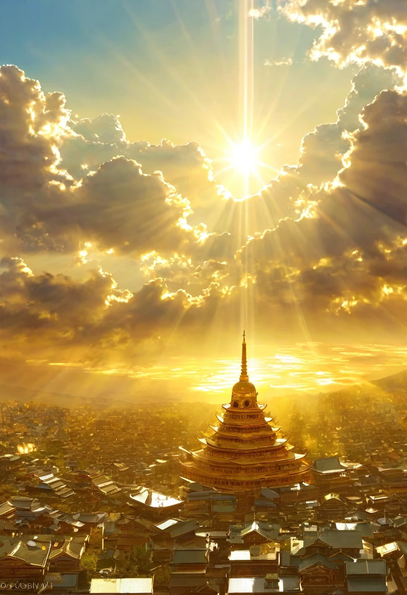 空に向かって上昇するgod秘的な都市、Digital Art, The clouds clear and the shining sun appears, Ascension Day，Golden Sun、Sky City、god々Utopian、There is one relic。空中に浮かぶgod々Our Town、Angel Ladder、The city where golden cats live