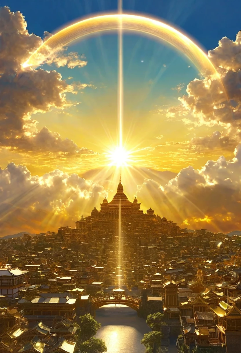 空に向かって上昇するgod秘的な都市、Digital Art, The clouds clear and the shining sun appears, Ascension Day,Golden Sun、Sky City、god々Utopian、There is one relic。空中に浮かぶgod々Our Town、Angel Ladder、The city where golden cats live