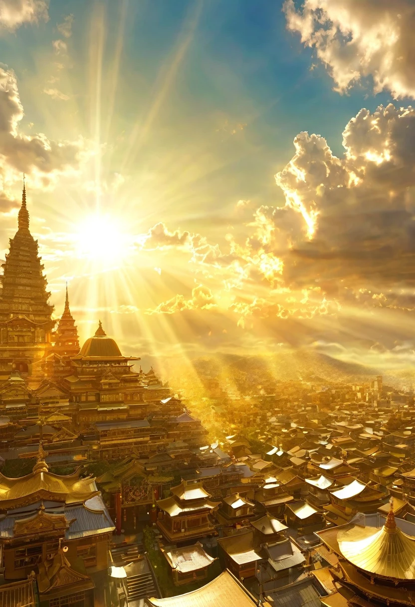 空に向かって上昇するgod秘的な都市、Digital Art, The clouds clear and the shining sun appears, Ascension Day,Golden Sun、Sky City、god々Utopian、There is one relic。空中に浮かぶgod々Our Town、Angel Ladder、The city where golden cats live