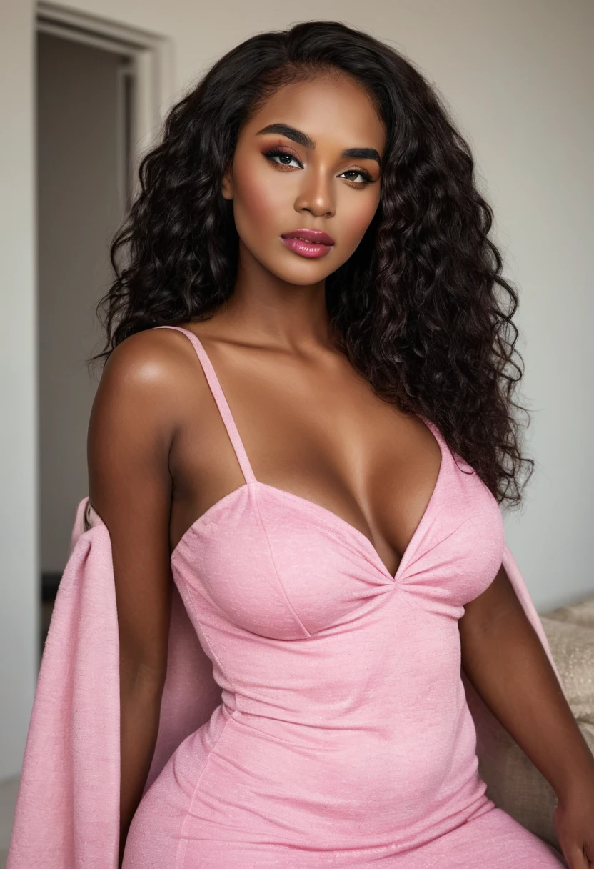 Completely Arafed woman with green eyes, wearing a pink dress in her room. Beautiful pink dress. Full-length photo of woman in pink dress. beautiful young black woman with dark skin, black Brazilian mixed race, beautiful 30 year old Afro-Latina girl, beautiful African and Latina, Brazilian and Angolan descent, a black woman, mixing African and indigenous features, a unique mix of indigenous, African and European ebony . The hair is extremely curly, with well-defined and voluminous curls. The natural texture. Her hair is long, falling in voluminous waves around her shoulders and down her back. The hair has a lot of volume, creating a full, dense appearance. The hair is black. green eyes, eye is green, green and expressive eyes, beautiful green eyes, realistic green eyes, detailed green eyes (eyeliner, long eyelashes). Perfect eyebrows and are thick. the nose is small and proportional, beautiful face. Attractive and irresistible mouth, well-defined lips, full lips, voluminous lips, seductive lips. The face is oval, with high cheekbones and a well-defined chin, a beautiful and detailed face. Professional, dramatic makeup, a more impactful look with shadows that accentuate the captivating look, Striking makeup, with eyeliner, black lipstick. Skin tone: Olive skin, healthy and with uniform shine, with olive skin, dark skin, sexy girl with skin brunette, detailed skin texture, beautiful and glowing skin, intricate details, smooth skin, healthy and radiant appearance. A woman has a well-defined and athletic body. Her silhouette is shapely, highlighting a thin waist in contrast to fuller hips and bust. She has a prominent bust, with large, firm breasts, silicone breasts, voluminous breasts. Thin waist. The hips are wide and well-defined, with a pronounced hourglass shape and a large butt. The legs are long and muscular, with well-defined thighs. 50 mm lens, f/2.8, hdr, (8K) RAW photo, high quality resolution 8K uhd, dslr, 2k, 4K, 8K, 16K.