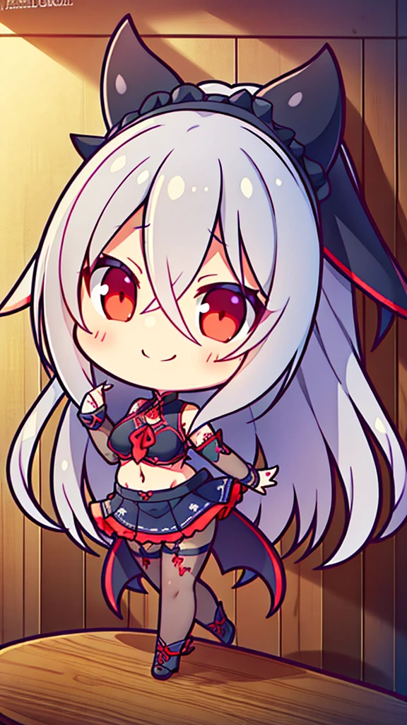 A lady with long gray hair, red eyes, wearing black nipple pasties, c-string pants, smile, devil, devil pattern, tattoo, devil horns, good figure, thin waist, Du Qiong, anime girl, belly button, no Regular nipple stickers, evil, seductive, eye-catching labia, pubic mound, camel toe, table, hands on the table, labia rub against the corner of the table,Stand at the corner of the table. Stand ,woman at the corner of the table, gentle, blue eyes,Du Qiong, smile, gentle, covering one eye, light blue eyes, hairpin, halodon't have excessive composition problems , masterpiece, perfect composition, fine characterization, extreme details, coordination of light and shadow (correct proportion of facial features), (exquisitely carved face), epic work, 8K, (representative work), ( high quality), (super detailed) , ((illustration)), skirt, black stockings