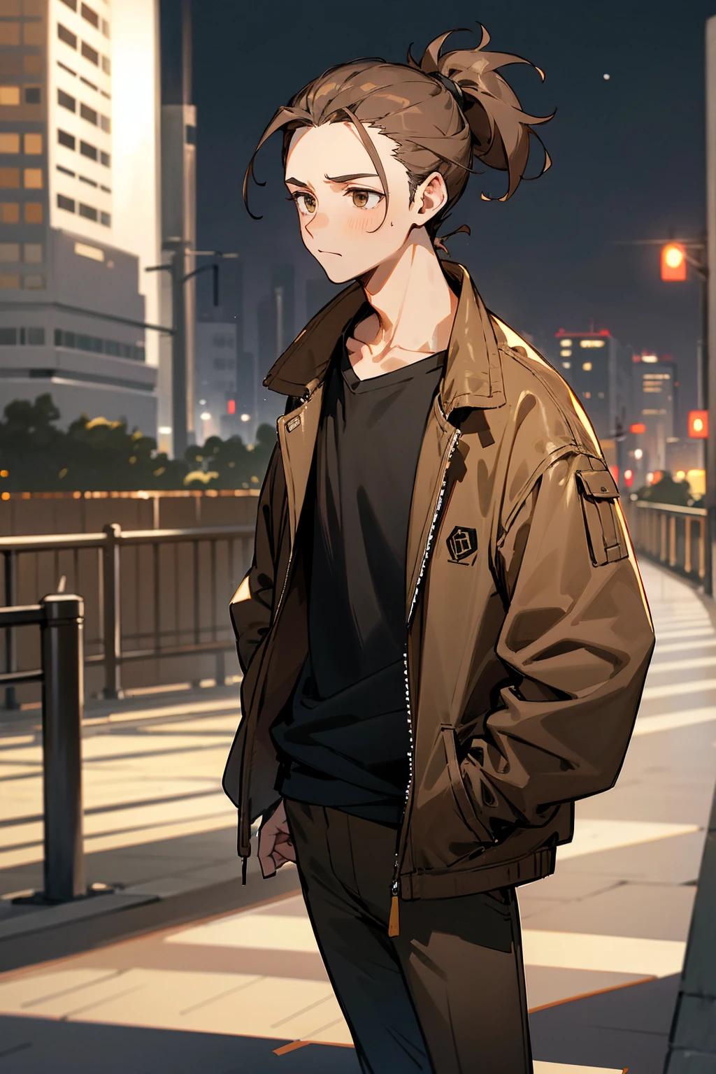1male, adult, light brown hair, messy short ponytail, hazel eyes, uninterested expression, forehead, middleparted hair, open brown jacket, black compressed undershirt, lean, black joggers, city background, standing on path, hands to side