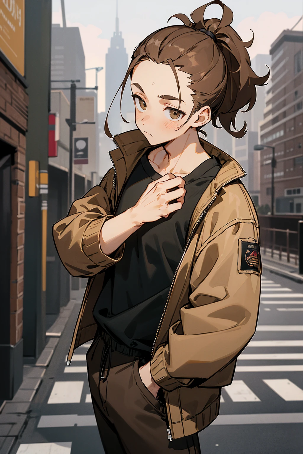 1male, adult, light brown hair, messy short ponytail, hazel eyes, uninterested expression, forehead, middleparted hair, open brown jacket, black compressed undershirt, lean, black joggers, city background, standing on path, hands to side