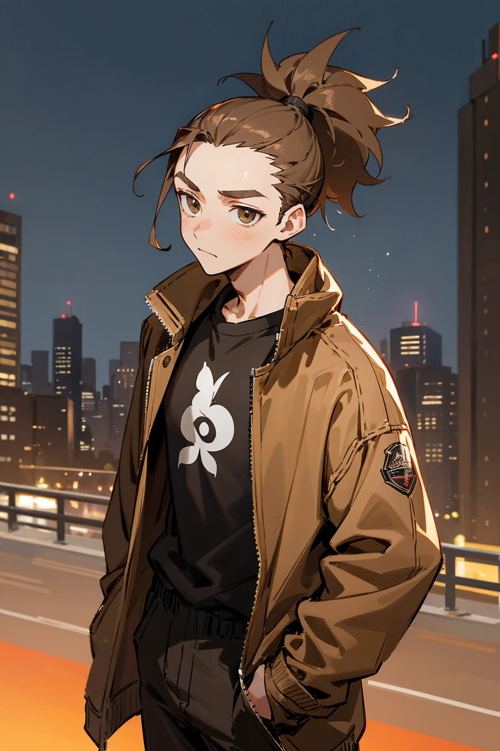 1male, adult, light brown hair, messy short ponytail, hazel eyes, uninterested expression, forehead, middleparted hair, open brown jacket, black compressed undershirt, lean, black joggers, city background, standing on path, hands to side