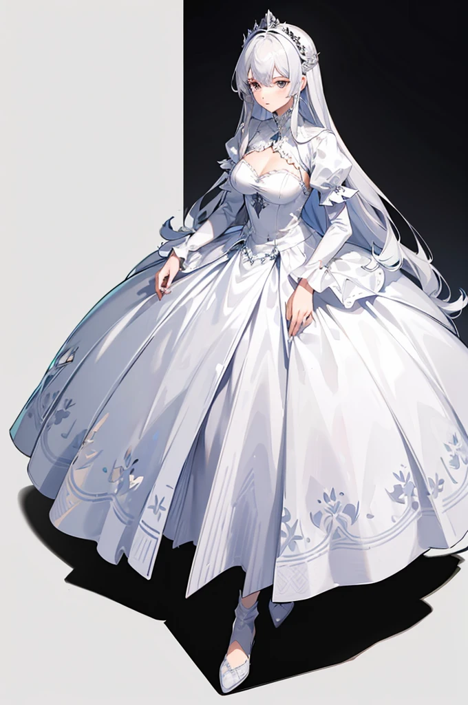 1woman, tall, silver hair, white dress, standing on ground, high res, ultra sharp, 8K, masterpiece