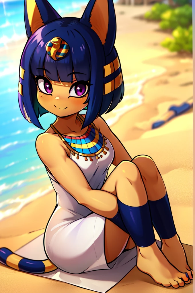 absurdres, highres, ultra detailed, ankha, solo, catgirl, , blue hair, hair ornament, yellow skin, purple eyes, white dress, sitting, looking at viewer, outdoors, sand, egyptian, smiling