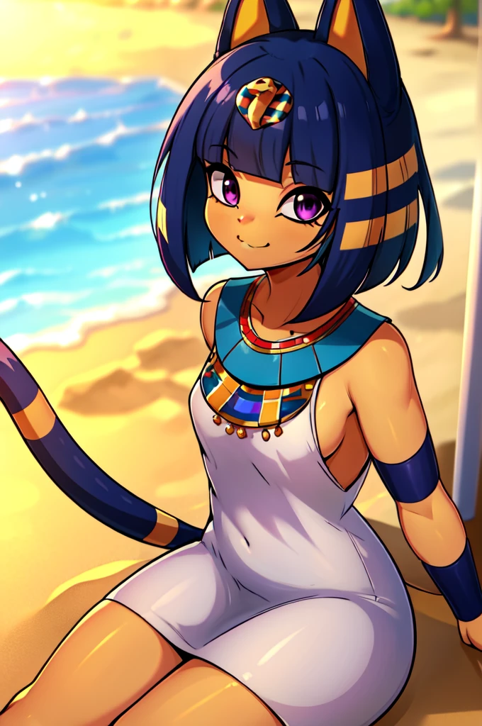 absurdres, highres, ultra detailed, ankha, solo, catgirl, , blue hair, hair ornament, yellow skin, purple eyes, white dress, sitting, looking at viewer, outdoors, sand, egyptian, smiling