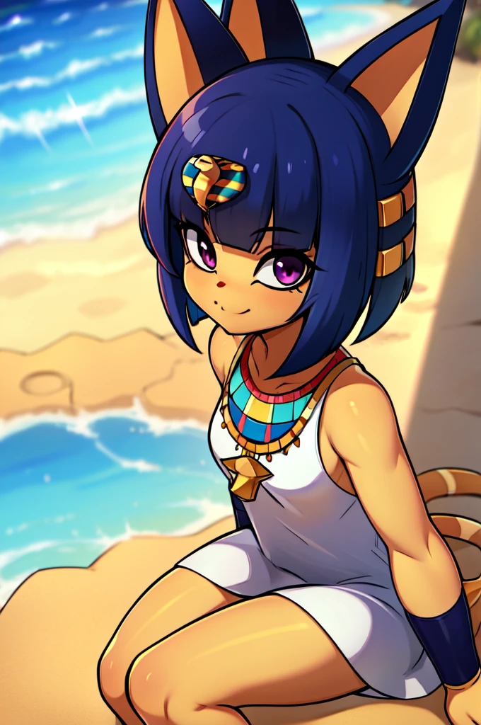 absurdres, highres, ultra detailed, ankha, solo, catgirl, , blue hair, hair ornament, yellow skin, purple eyes, white dress, sitting, looking at viewer, outdoors, sand, egyptian, smiling