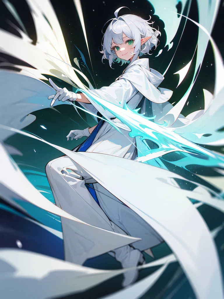 Elf, silver hair,short hair, medium cut, ahoge, curly hair,green eyes,slender, fair skin, cool Smile, robe,  cloak, White gloves, long boots, pants, ice loads magic effect, 