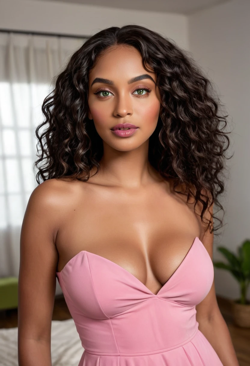 Completely Arafed woman with green eyes, wearing a pink dress in her room. Beautiful pink dress. Full-length photo of woman in pink dress. beautiful young black woman with dark skin, black Brazilian mixed race, beautiful 30 year old Afro-Latina girl, beautiful African and Latina, Brazilian and Angolan descent, a black woman, mixing African and indigenous features, a unique mix of indigenous, African and European ebony . The hair is extremely curly, with well-defined and voluminous curls. The natural texture. Her hair is long, falling in voluminous waves around her shoulders and down her back. The hair has a lot of volume, creating a full, dense appearance. The hair is black. green eyes, eye is green, green and expressive eyes, beautiful green eyes, realistic green eyes, detailed green eyes (eyeliner, long eyelashes). Perfect eyebrows and are thick. the nose is small and proportional, beautiful face. Attractive and irresistible mouth, well-defined lips, full lips, voluminous lips, seductive lips. The face is oval, with high cheekbones and a well-defined chin, a beautiful and detailed face. Professional, dramatic makeup, a more impactful look with shadows that accentuate the captivating look, Striking makeup, with eyeliner, black lipstick. Skin tone: Olive skin, healthy and with uniform shine, with olive skin, dark skin, sexy girl with skin brunette, detailed skin texture, beautiful and glowing skin, intricate details, smooth skin, healthy and radiant appearance. A woman has a well-defined and athletic body. Her silhouette is shapely, highlighting a thin waist in contrast to fuller hips and bust. She has a prominent bust, with large, firm breasts, silicone breasts, voluminous breasts. Thin waist. The hips are wide and well-defined, with a pronounced hourglass shape and a large butt. The legs are long and muscular, with well-defined thighs. 50 mm lens, f/2.8, hdr, (8K) RAW photo, high quality resolution 8K uhd, dslr, 2k, 4K, 8K, 16K.