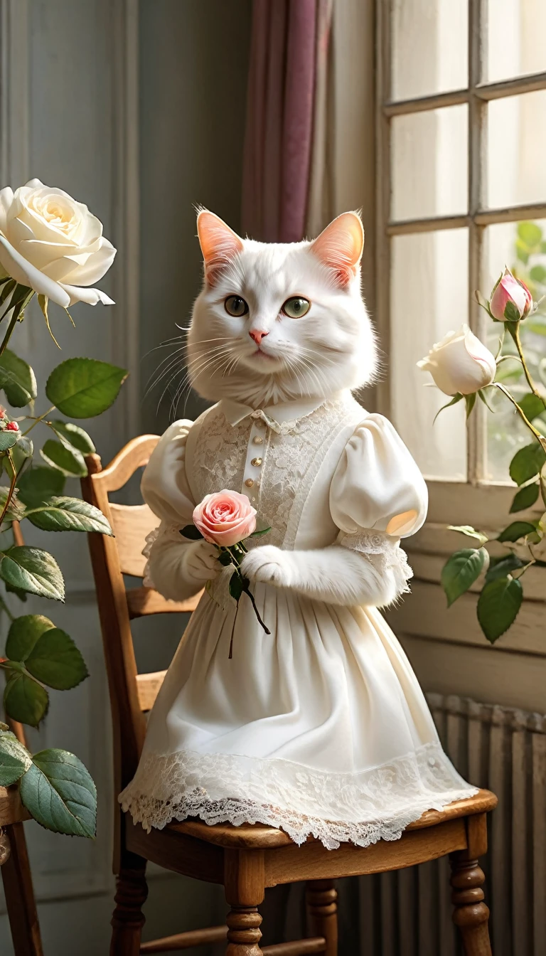Realistic portrait of a dressed animal - a beautiful white cat, painter,(He is painting a picture of a rose flower on a standing canvas while sitting on a wooden chair by a window in an interior room surrounded by beautiful plants), high quality,(Lovely) ,Intricate details, Very detailed ((Elegant lace white floral one-piece dress) ,Antique photos、Nostalgia、Very detailed decorations,, (Happy), Natural light,Evening Light、Magic Hour(Full body image:1.5)