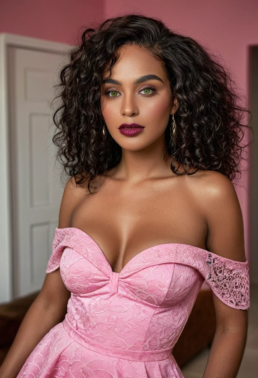 Completely Arafed woman with green eyes, wearing a pink dress in her room. Beautiful pink dress. Full-length photo of woman in pink dress. beautiful young black woman with dark skin, black Brazilian mixed race, beautiful 30 year old Afro-Latina girl, beautiful African and Latina, Brazilian and Angolan descent, a black woman, mixing African and indigenous features, a unique mix of indigenous, African and European ebony . The hair is extremely curly, with well-defined and voluminous curls. The natural texture. Her hair is long, falling in voluminous waves around her shoulders and down her back. The hair has a lot of volume, creating a full, dense appearance. The hair is black. green eyes, eye is green, green and expressive eyes, beautiful green eyes, realistic green eyes, detailed green eyes (eyeliner, long eyelashes). Perfect eyebrows and are thick. the nose is small and proportional, beautiful face. Attractive and irresistible mouth, well-defined lips, full lips, voluminous lips, seductive lips. The face is oval, with high cheekbones and a well-defined chin, a beautiful and detailed face. Professional, dramatic makeup, a more impactful look with shadows that accentuate the captivating look, Striking makeup, with eyeliner, black lipstick. Skin tone: Olive skin, healthy and with uniform shine, with olive skin, dark skin, sexy girl with skin brunette, detailed skin texture, beautiful and glowing skin, intricate details, smooth skin, healthy and radiant appearance. A woman has a well-defined and athletic body. Her silhouette is shapely, highlighting a thin waist in contrast to fuller hips and bust. She has a prominent bust, with large, firm breasts, silicone breasts, voluminous breasts. Thin waist. The hips are wide and well-defined, with a pronounced hourglass shape and a large butt. The legs are long and muscular, with well-defined thighs. 50 mm lens, f/2.8, hdr, (8K) RAW photo, high quality resolution 8K uhd, dslr, 2k, 4K, 8K, 16K.