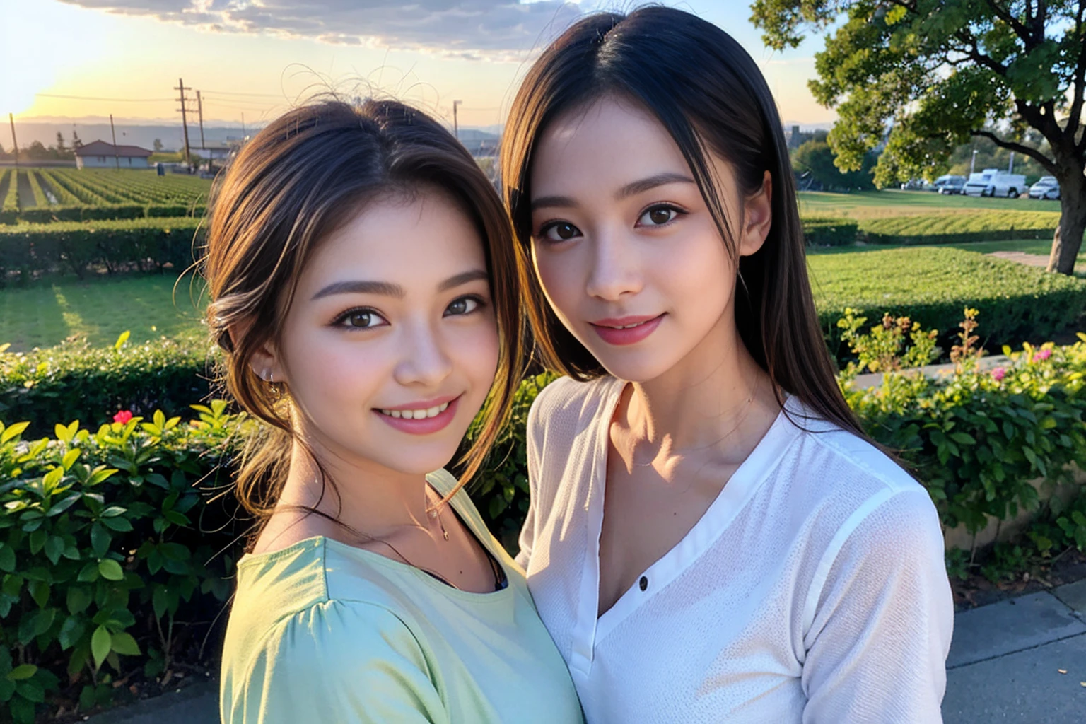 ((Highest quality、、masterpiece:1.3))、1 male、1 female,36 years old 39 years old、Shine the light on my face、Slim Beauty、Beautiful couple、Upper Body、smile、 (Slim face), (the body is スリム), (Brown Hair), (Shortcuts), テーブルのフルコースディナーとwine glass、Amazing view of the sunset sky and clouds、smileの美しさ、Wine bottle、sparkling wine、Long sleeve shirt、dress、White wine, red wine, wine glass, Beautiful fine grain, Depth f/2,saturation, High Contrast, Strong light and shadow,Moist Body:1.5、 texture、The hair is very shiny、