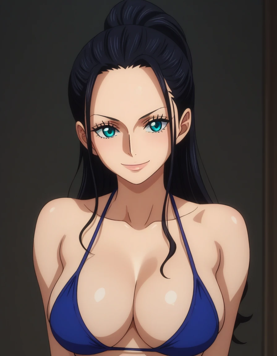 score_9, score_8_up, score_7_up, source_anime, rating_safe, anime screencap, anime coloring, official style, one_piece_wano_style, Nico Robin, black hair, long hair, blue eyes, large breasts, perfect body, bikini, looking at viewer, smile, cleavage, from front, upper body, looking at viewer, smile, cleavage