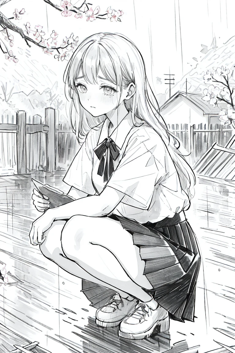 One girl,Line art,Monochrome,sketch,Pencil drawing,Traditional Media,One girl, black skirt, branch, building, chain-link fence, cherry blossoms, fence, Long Hair, Outdoor, petal, pleated skirt, rain, shirt, Short sleeve, skirt, alone, squatting and crying, wood,
null,Coastal sand beach、