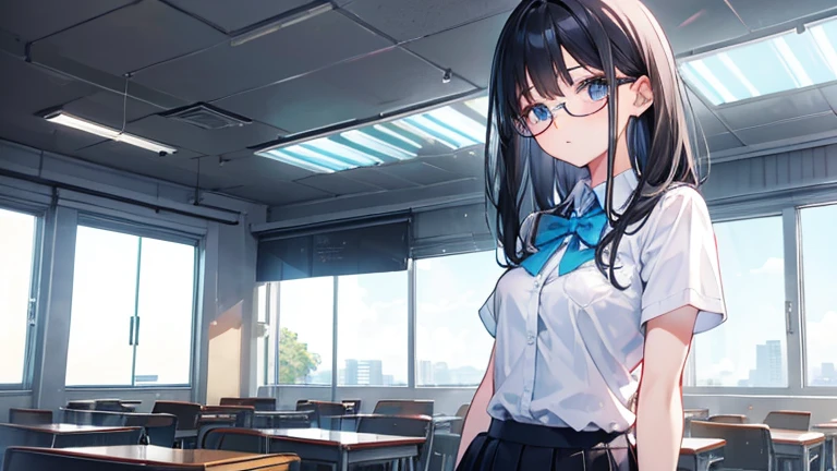 young girl, high , classroom, skirt, light blue eyes, black hair, glasses