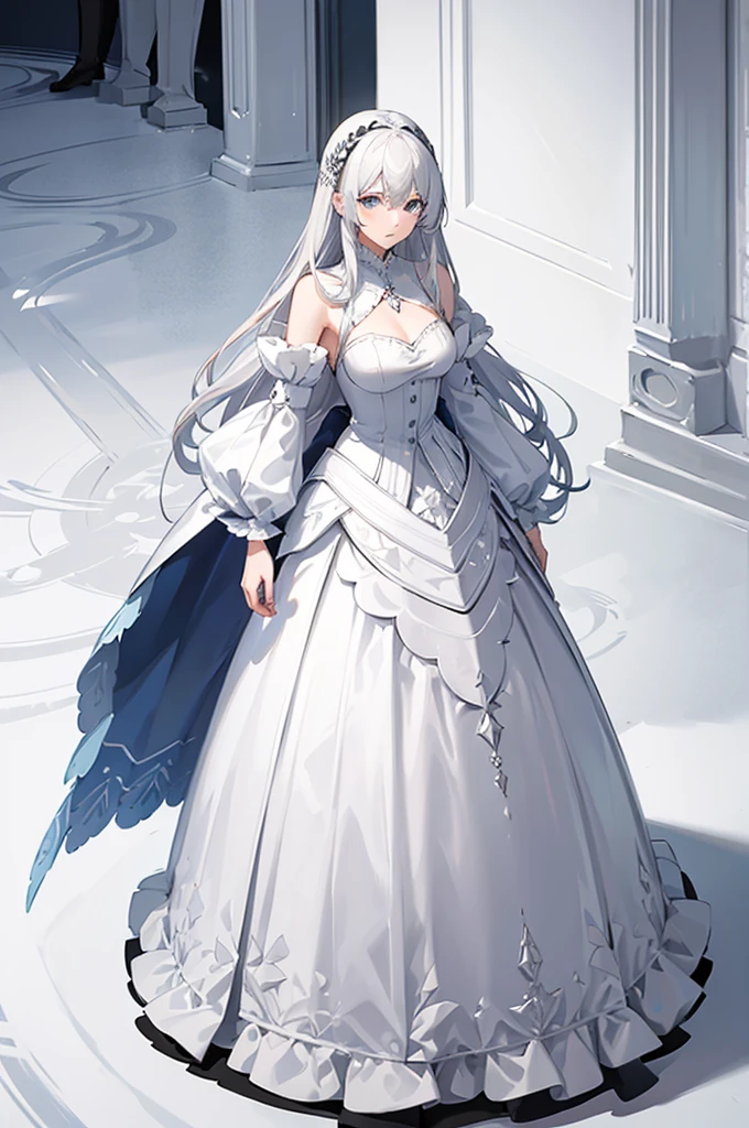 1woman, tall, silver hair, white dress, standing on ground, high res, ultra sharp, 8K, masterpiece