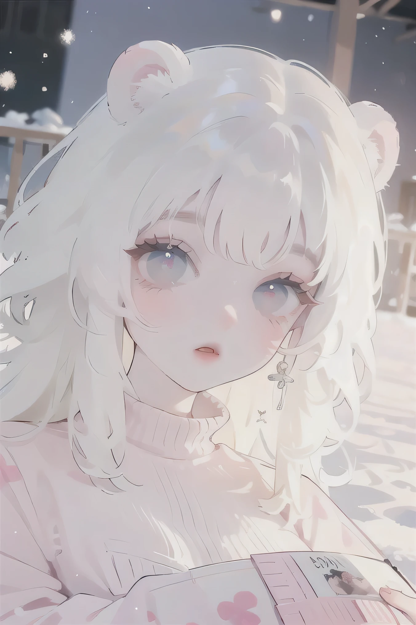 (a woman) (correct physiognomy) (perfect students) (perfect eyes) anime woman, deep white long and fluffy hair of color white, Two Ferret ears of color white coming out of his white head, lips sensitive, red of color eyes feminine appearance, soft facial features, thin eyebrows, soft skin, rosy cheeks, pink lips, silky eyelashes, dreamy expression, middle age, youthful clothing, print sweatshirt, photo illuminated by sunlight, Woman sitting on Snow.