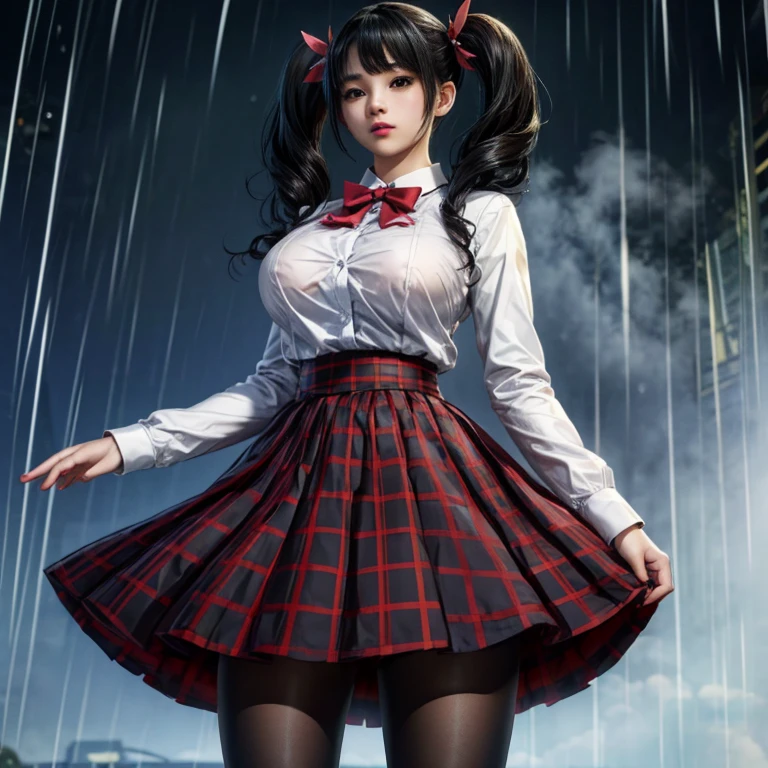 LingX,black hair,twintails,brown eyes,hair ornament, pantyhose (insanely detailed, masterpiece, best quality),solo, steam , rain , plaid skirt , pleated skirt , Tight shirt , white Shirt , school girl , red bow , red knot ,