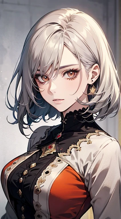 A painting of a woman with gray hair and an orange top, stunning anime face portrait, beautiful character painting, beautiful anime portrait, her image is rendered by red paint, presenting a stunning effect. The painting is very detailed, depicting women's faces and clothing. Her face has a creamy dripping effect, which makes the whole face more vivid. She wears a beautiful detailed outfit with pale gray hair. The proportions are accurate, and the costumes of the female characters are traditionally dressed, showing a classical charm.