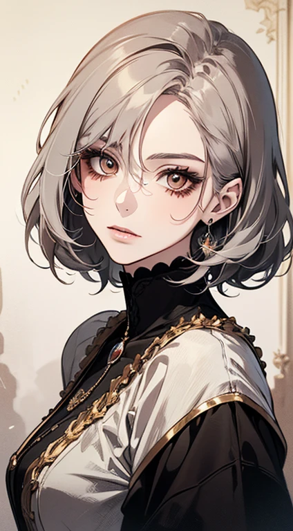 A painting of a woman with gray hair and an orange top, stunning anime face portrait, beautiful character painting, beautiful anime portrait, her image is rendered by red paint, presenting a stunning effect. The painting is very detailed, depicting women's faces and clothing. Her face has a creamy dripping effect, which makes the whole face more vivid. She wears a beautiful detailed outfit with pale gray hair. The proportions are accurate, and the costumes of the female characters are traditionally dressed, showing a classical charm.