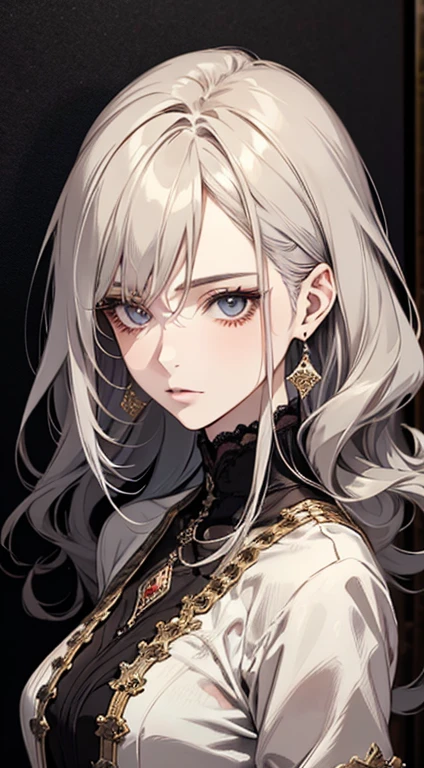 A painting of a woman with gray hair and an orange top, stunning anime face portrait, beautiful character painting, beautiful anime portrait, her image is rendered by red paint, presenting a stunning effect. The painting is very detailed, depicting women's faces and clothing. Her face has a creamy dripping effect, which makes the whole face more vivid. She wears a beautiful detailed outfit with pale gray hair. The proportions are accurate, and the costumes of the female characters are traditionally dressed, showing a classical charm.