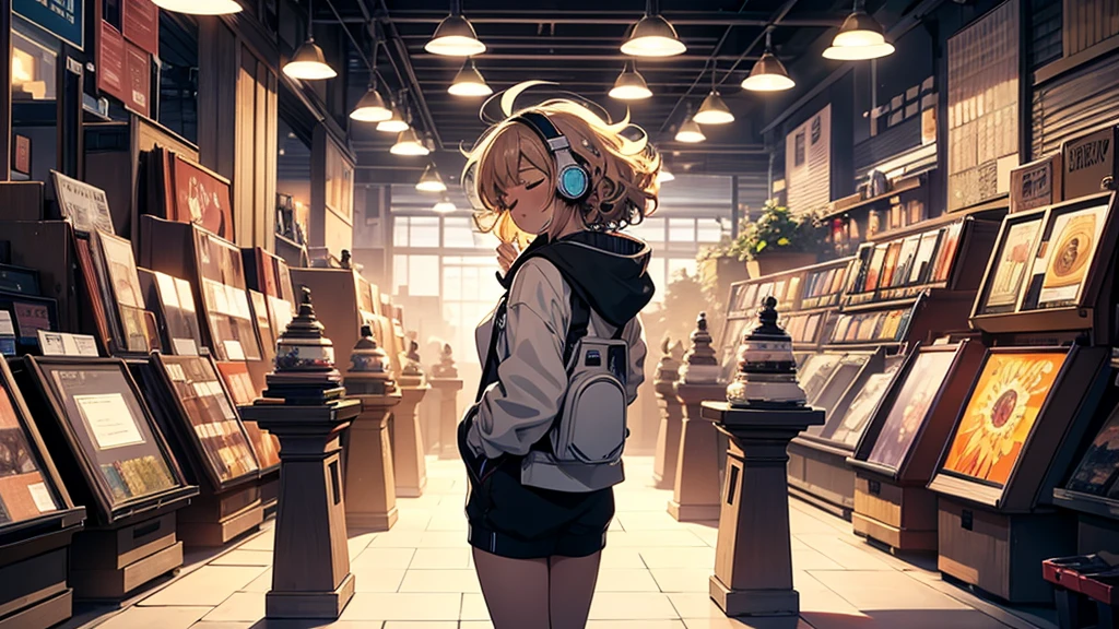 full body shot, lady with perm, freckles, headphones, closed eyes, Draw in a style similar to Hisashi Eguchi, The background is the city at night, long view, full body shot, lady with perm, freckles, headphones, closed eyes, Draw in a style similar to Hisashi Eguchi, The background is the room, It's night, the light in the dim room, long shot, back view, records are lined up