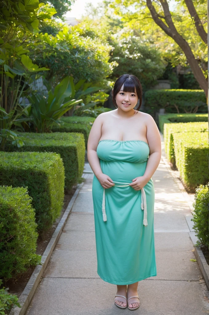 Chubby Japanese woman standing upright in a bright garden。No clothes on。