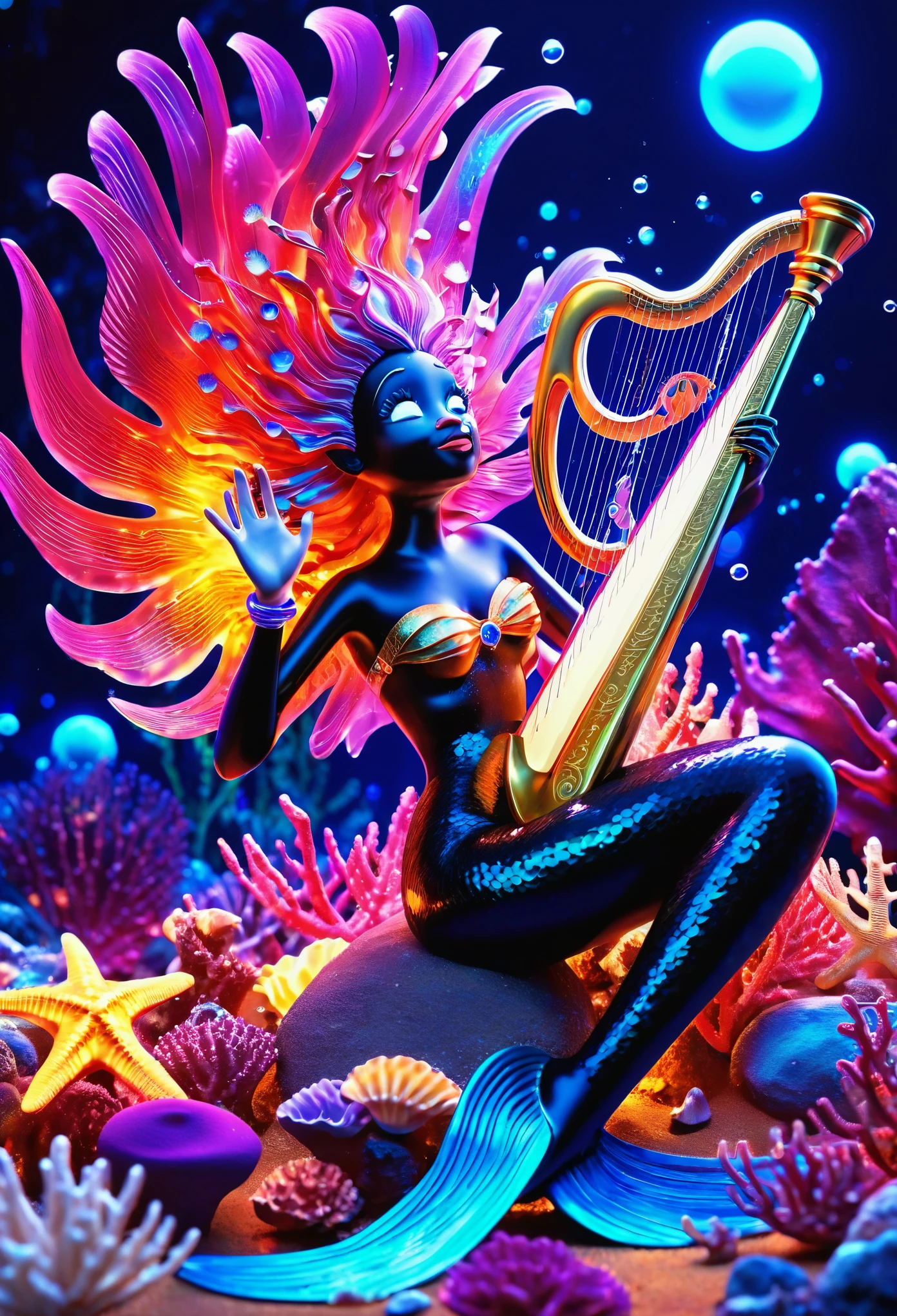 A luminescent 3D render of a black mermaid underwater playing the harp, reclining amidst a kaleidoscopic of coral reefs and seashells, jelly fish, starfish, fish with multiple colours shimmering with an otherworldly glow, like a celestial omen. The image bursts with vibrant, exaggerated hues, reminiscent of Pixar's fantastical realms, illuminated by a dramatic ring light that underscores the surreal quality of this intergalactic oasis.