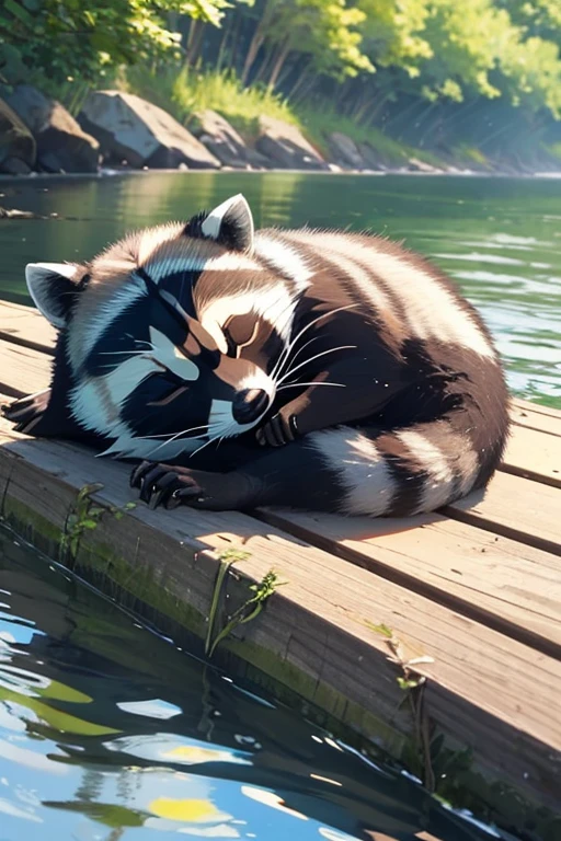 Raccoon lying face up on the river looking at the sky, resting, quiet, relaxed in the afternoon supine position and closed eyes
