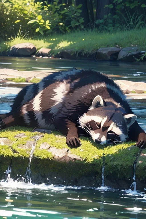 Raccoon lying face up on the river looking at the sky, resting, quiet, relaxed in the afternoon supine position and closed eyes