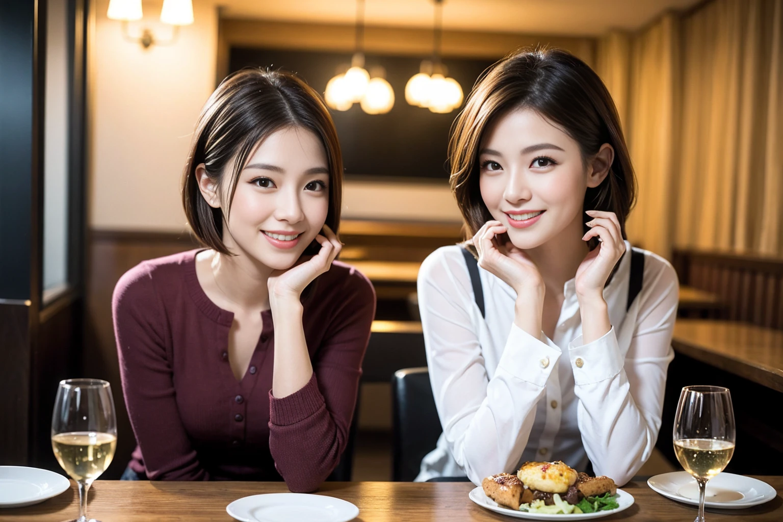 ((Highest quality、8K、masterpiece:1.3))、Shortcuts、cute、slimカップル、modelカップル、actress男優、(Realistic, Intricate details:1.2), full-course dinner、Wine Party、Amazing view of the sunset sky and clouds、A bright smile、short hair,Bright Face、 (Age 45), 42 years old, red wine 、Appetizers、Italian food、Wine bottle、Champagne、sparkling wine、Two beauties、Brown Hair、Shortcuts、Long sleeve shirt、dress、Beautiful woman 1, (slimな顔), (The body is slim), (Brown Hair), (Shortcuts), cheeks turn a little red,Attractive beauty、restaurant, In a prominent place (From the waist up) Nova Frog Style, actress, model, Upper Body, White wine, slim, wine glass, 中央に置かれたwine glass, smile, (smile: 1.15), Beautiful fine grain, Depth f/2,saturation, High Contrast, Strong light and shadow,Moist Body:1.5、3D texture、Delicate eyes、Brown Hair、The hair is very shiny、