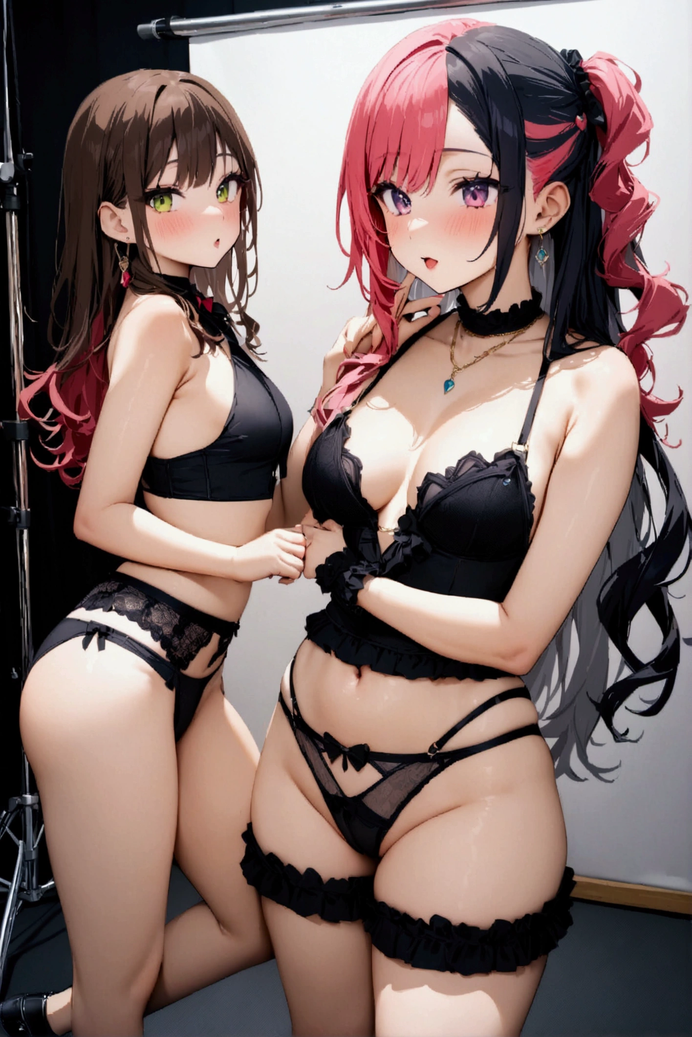 Highest quality,masterpiece,An idol group whose selling point is eroticism,Two-tone hair color,A good friend,Promotional photo shoot,During a break,Photo studio,chatting,Earrings,Sexy underwear