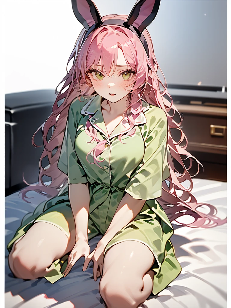 Highest image quality,top quality,1girl,20 years old,long hair,pink hair,fake animal ears,pajamas,wariza,sunset,at living room,